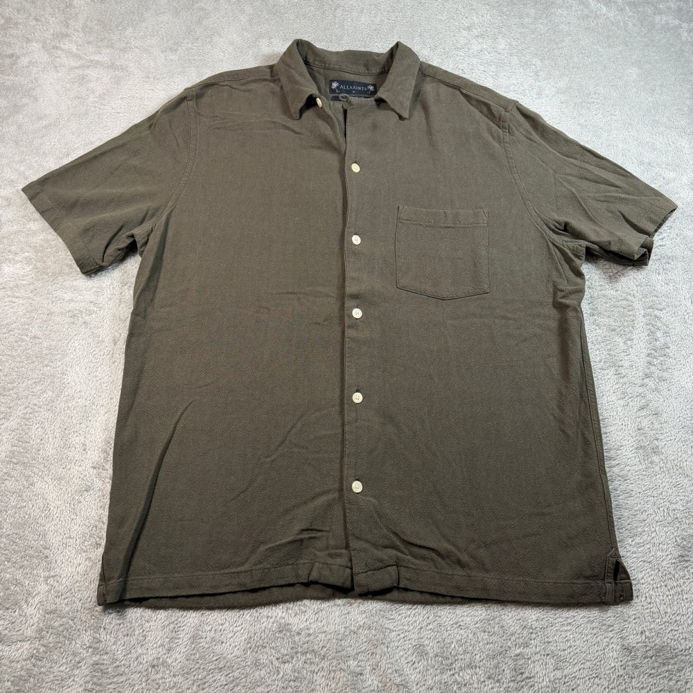 AllSaints Cudi Linen Shirt Men Medium Brown Short Sleeve Loop Collar Linen Blend